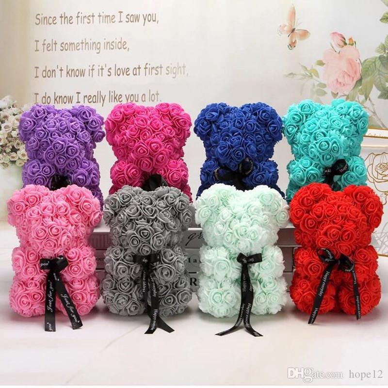 HOT Valentines Day Gift 25cm Red Rose Teddy Bear Rose Flower Artificial Decoration Christmas Gifts Women Valentines Gift 15 colors
