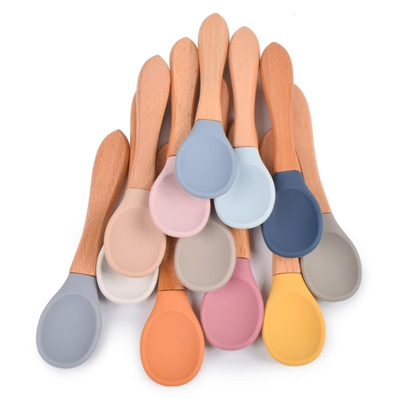 Baby silica gel bowl suction cup children wooden handle spoon tableware food grade