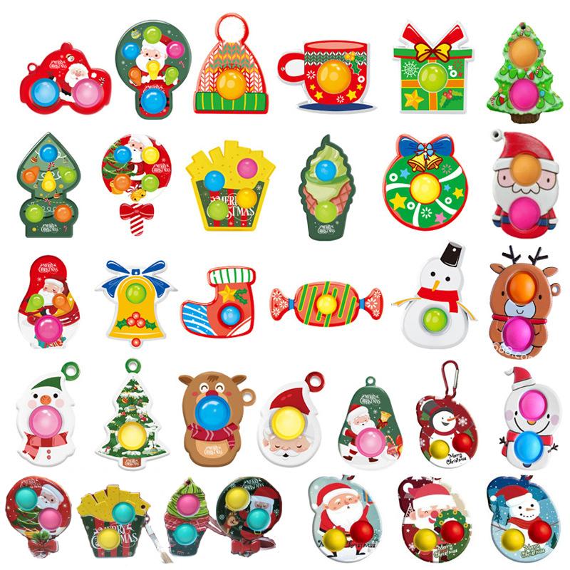 Christmas Fidget Keychains Toys Pendants Simple Dimple Squeeze Unzip Push Bubble Squishy Antistress Key Ring Pressure Stress Relief Decompression Toy 