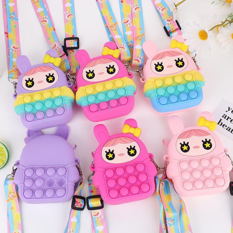 Fidget Toys Bunny Coin Purse Shoulder Crossbody Bag Push Bubble Sensory Decompression Squeeze Toy Phone Pouch Case Stress Reliever for Girls Children 