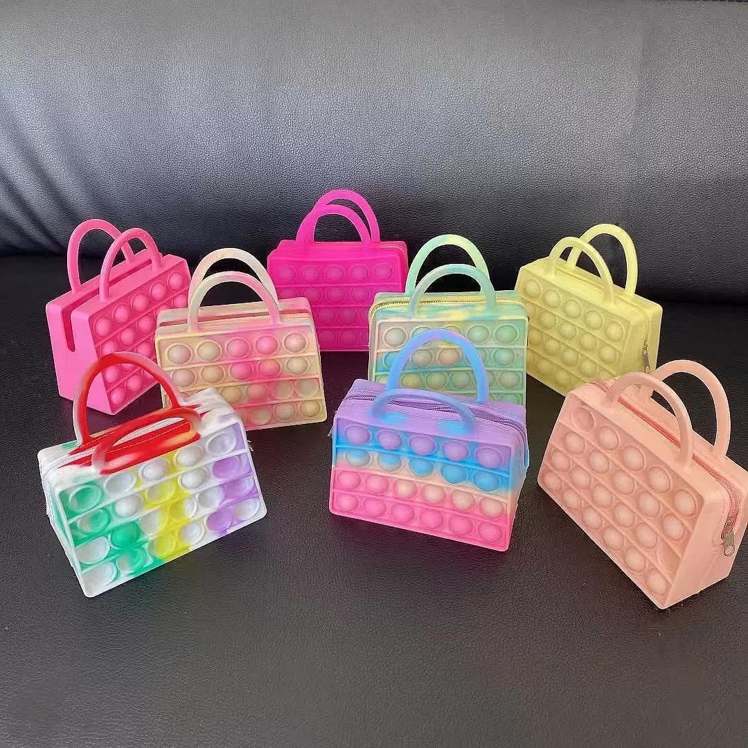 11.5*10CM toys Girls fidget popet bubble purses hand bag sensory push pop tote zipper wallet handbag rainbow tie dye silicone washing makeup cosmetic 